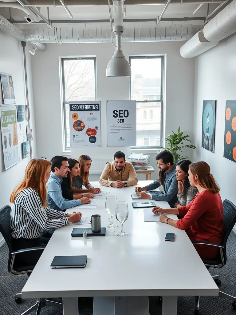A professional, eye-level shot of a team brainstorming SEO strategies around a table filled with laptops and marketing reports, showcasing Limitless Digital Solutions' collaborative approach to SEO.