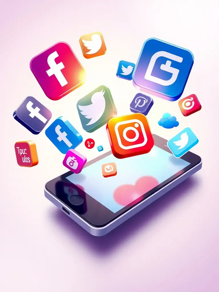 A vibrant image of various social media icons floating around a smartphone displaying engaging content, representing Limitless Digital Solutions' expertise in social media marketing.