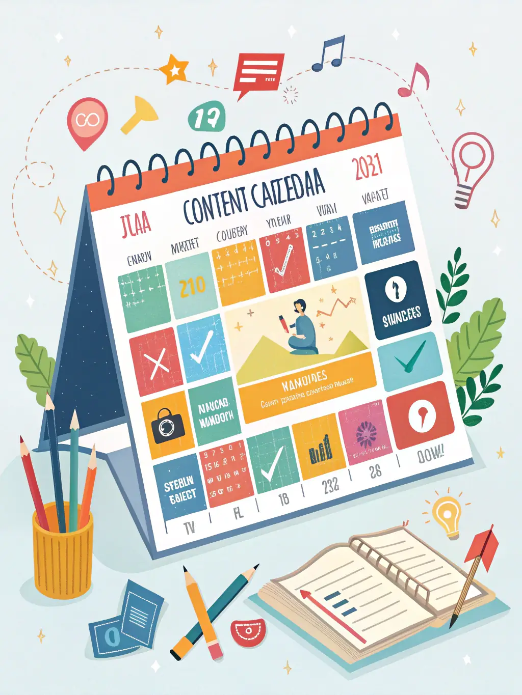 A visually appealing graphic showcasing a content calendar filled with diverse content types, illustrating Limitless Digital Solutions' content management and strategy services.